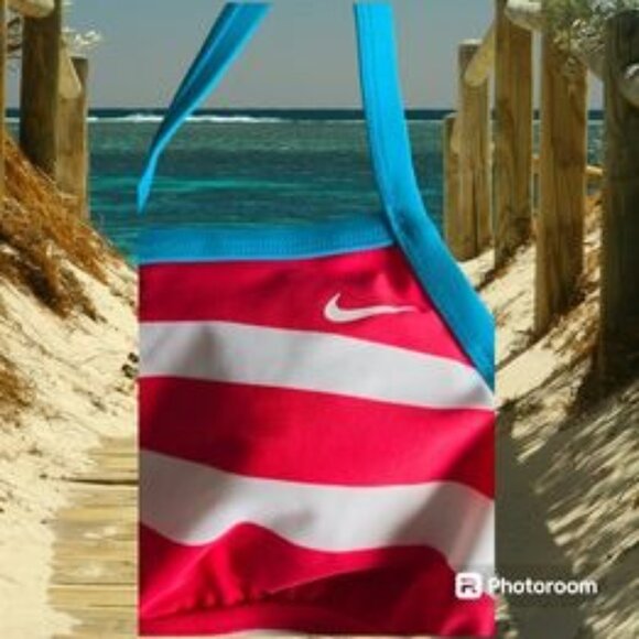 Women's Nike Swimsuit One Piece Size 8 M Red & White Striped Blue Trim Logo EUC - Picture 3 of 7